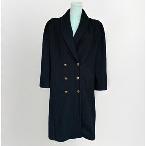 Vintage Womens Long Double Breasted Wool Coat Size L Black Trench Peacoat Shawl